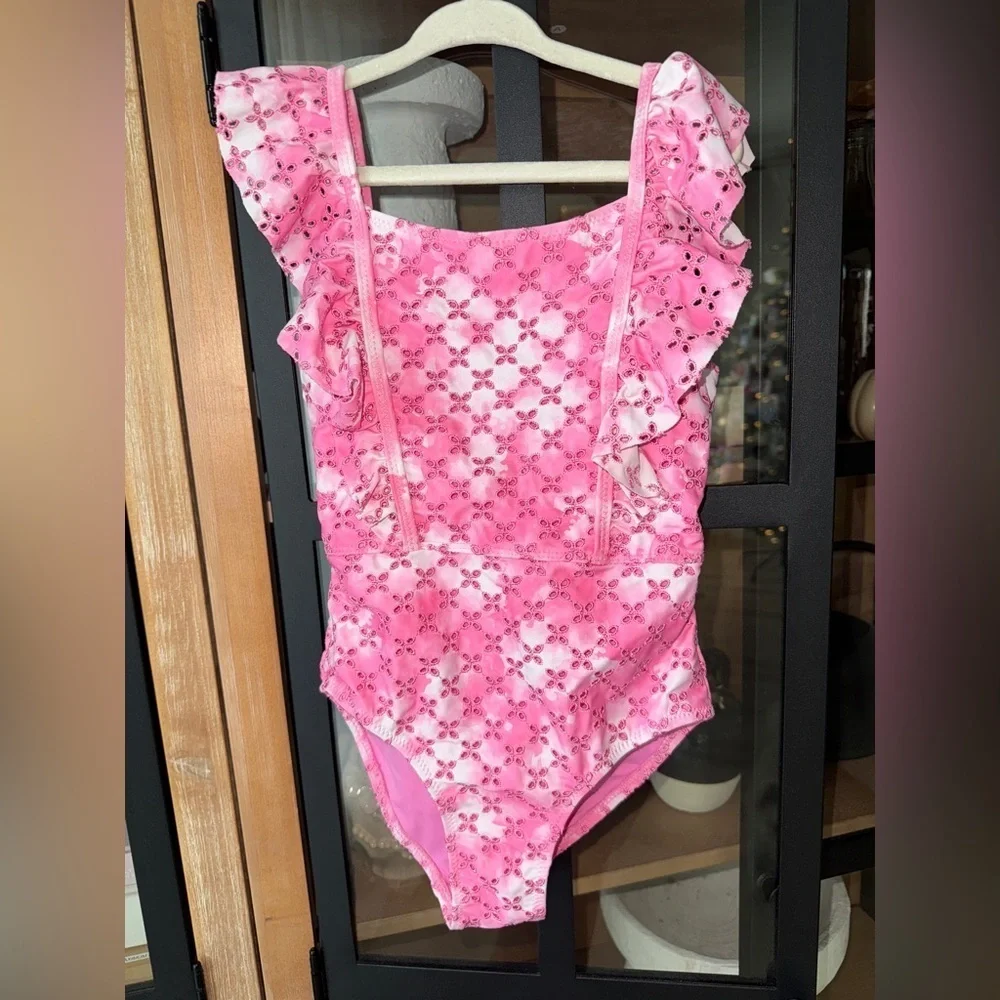 Shady Critters Eyelet ruffle one piece swimsuit toddler girl tie dye bubblegum